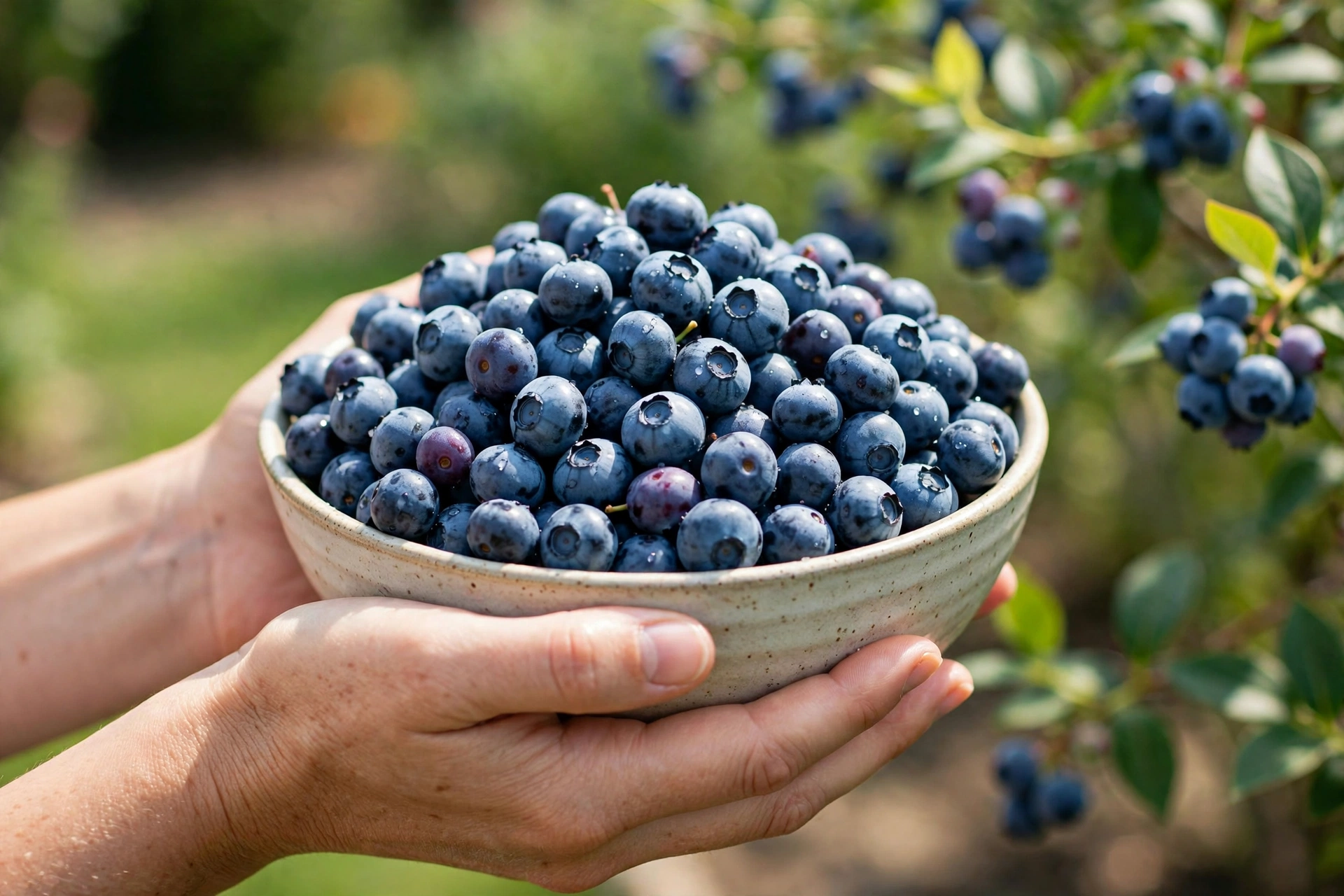 A bowl of freshly picked blueberries