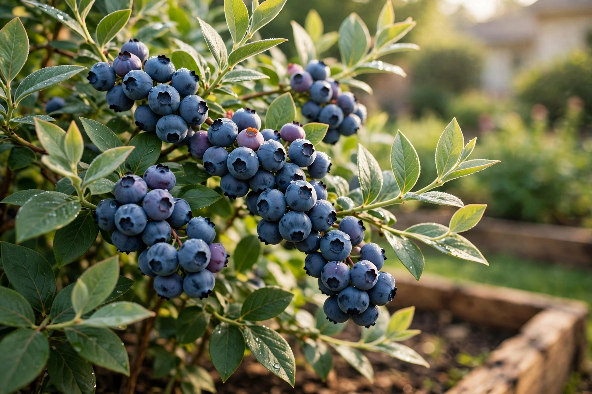 A blueberry bush heavy with ripe blueberries in a sunny garden