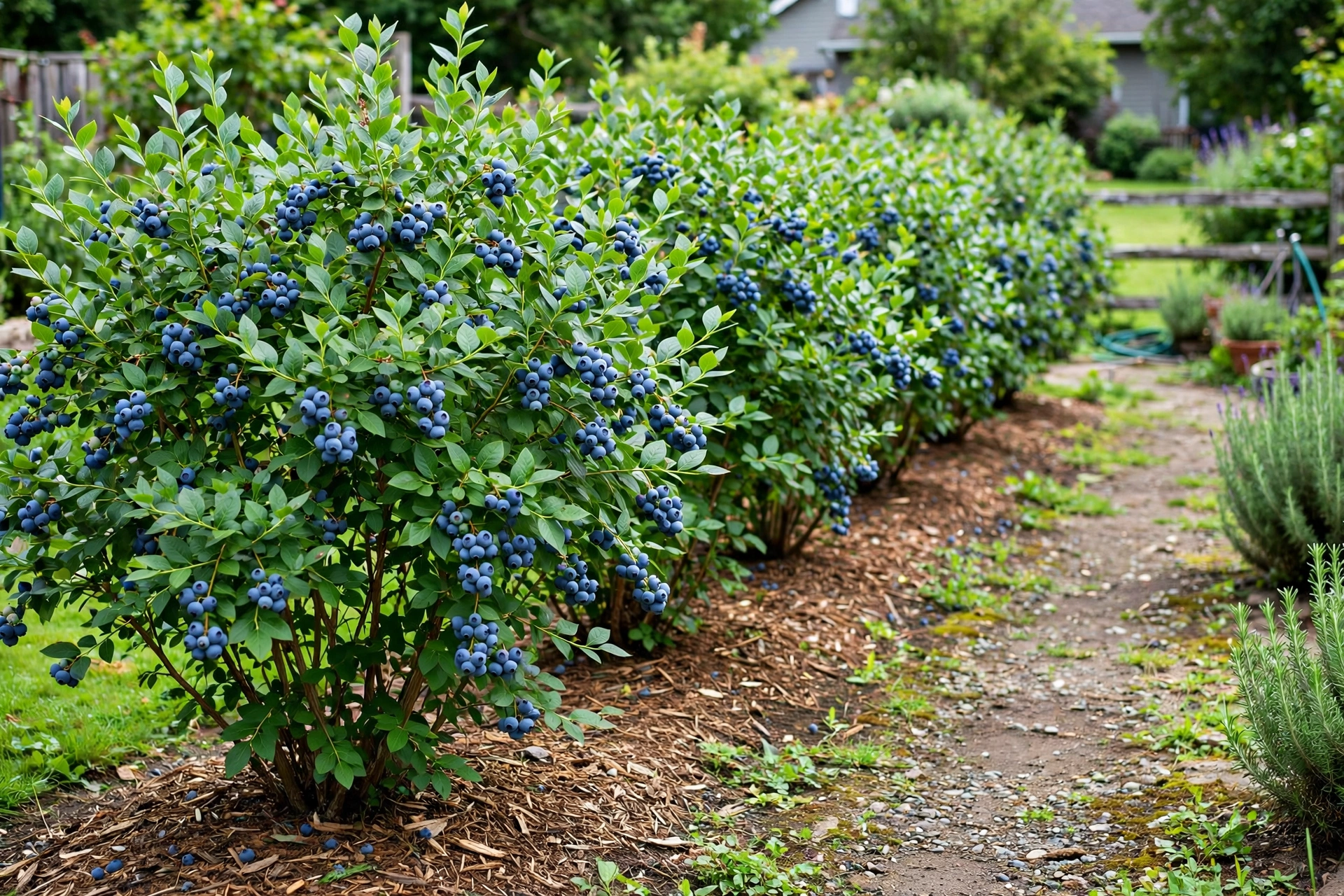 A row of mature blueberry bushes in a home garden